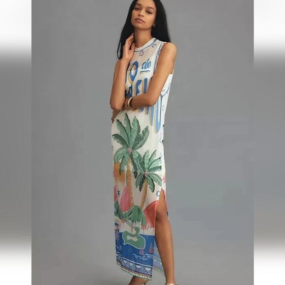 FARM Rio Graphic Midi Mesh Dress Anthropologie LARGE Nwts - Picture 1 of 9